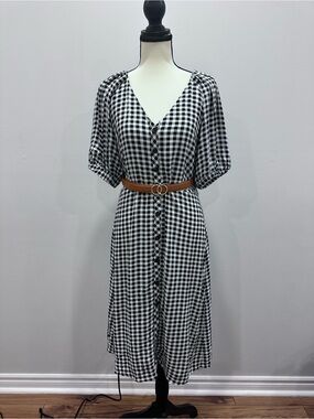 ANN TAYLOR Black & White Gingham Button-Front Midi Dress Size 6 Puffy Sleeves